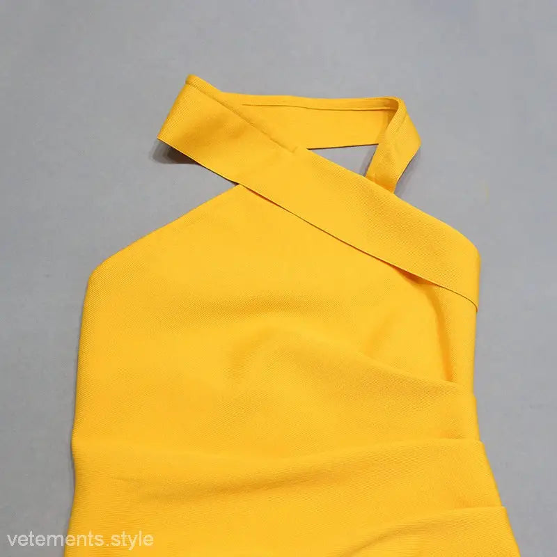Yellow halter top on an elegant French Fishtail Dress for boho summer vacations