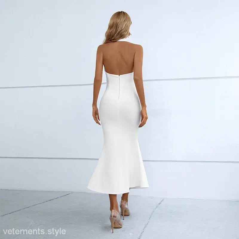 Elegant white halter-neck fishtail dress, perfect French fishtail dress for vacations
