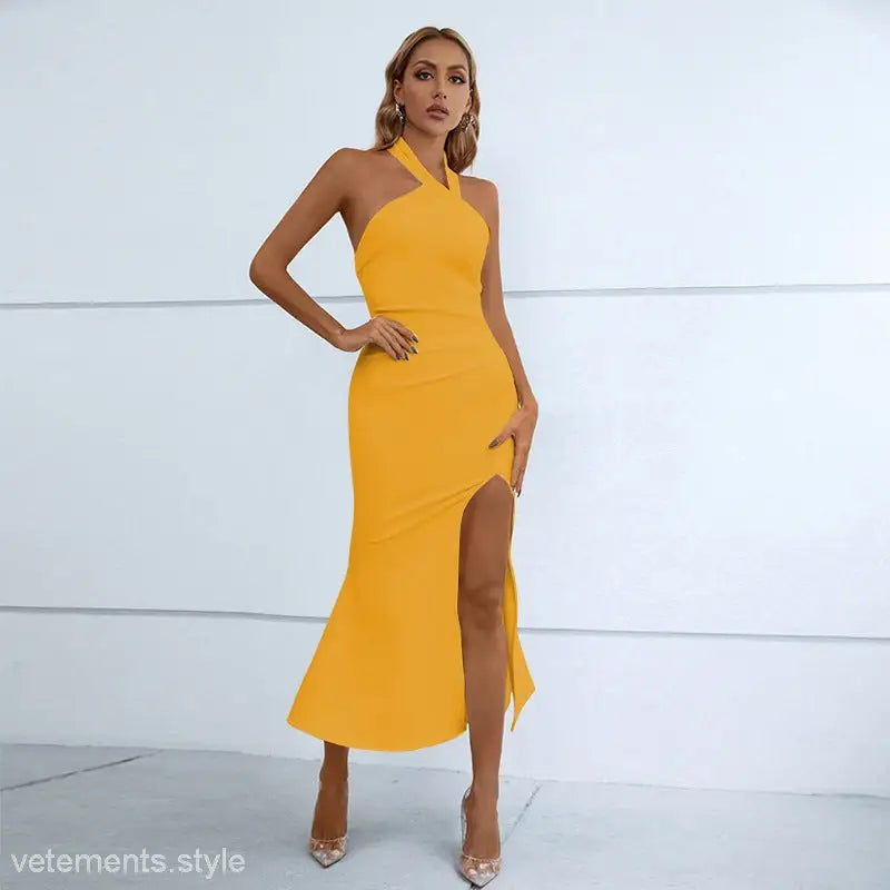 Elegant yellow halter-neck slit fishtail dress from the French fishtail dress collection
