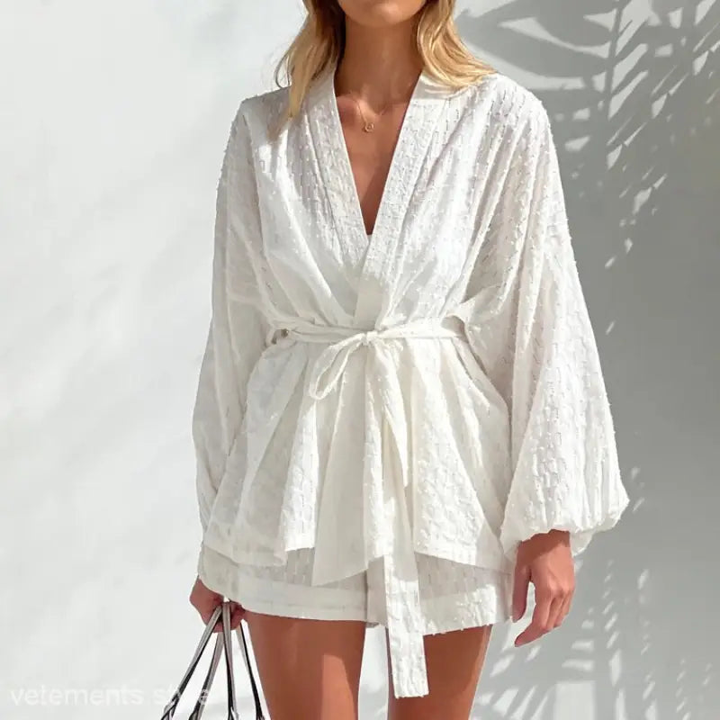 White kimono-style robe with wide sleeves and tie waist from the Elegant French Jacquard set