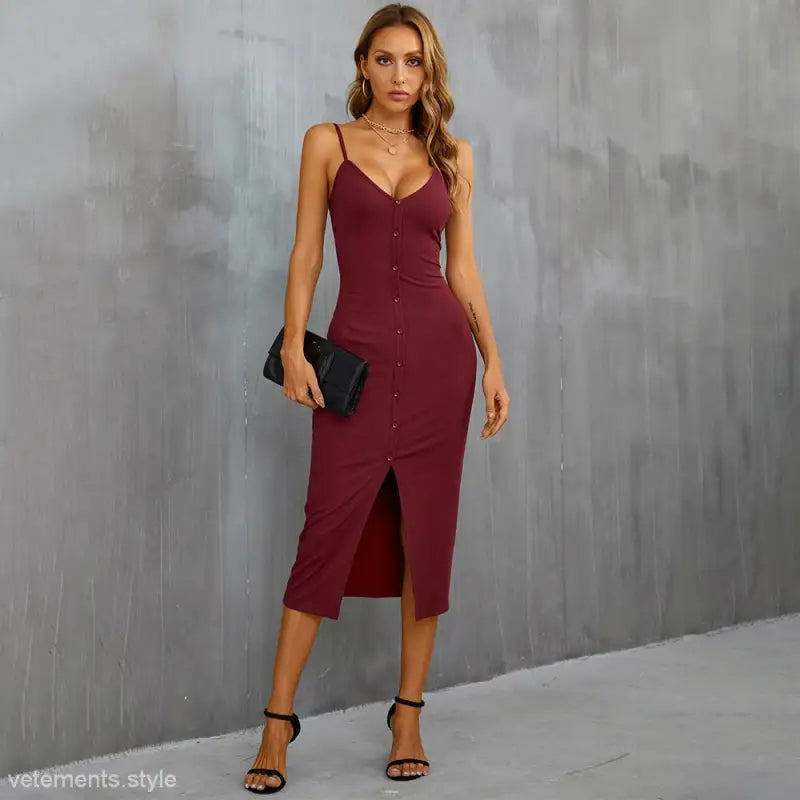 Elegant Burgundy French Strap Dress featuring bodycon fit, midi length, and front buttons
