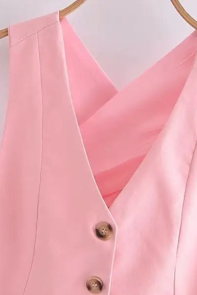 Pink button-down vest in elegant French style sleeveless V-Neck polyester for women