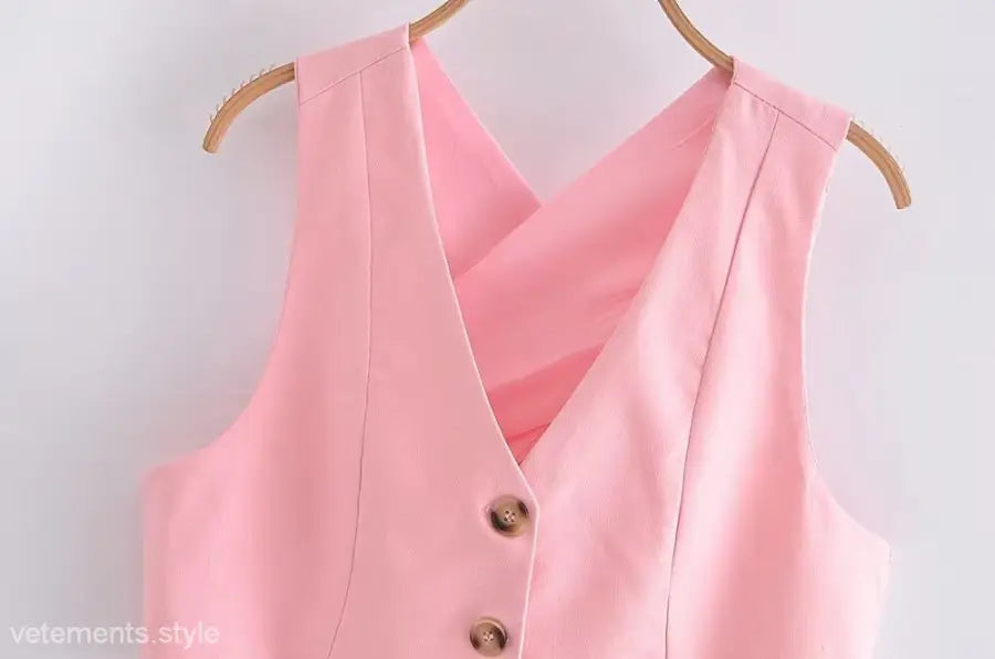 Pink button-down vest in elegant French style sleeveless V-Neck polyester for women