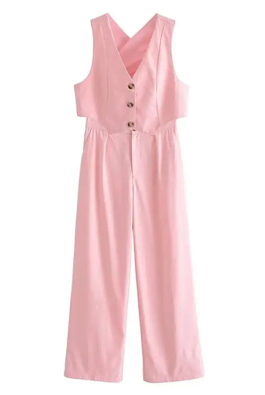Pink sleeveless button-down jumpsuit in elegant French style fabric for sophisticated look