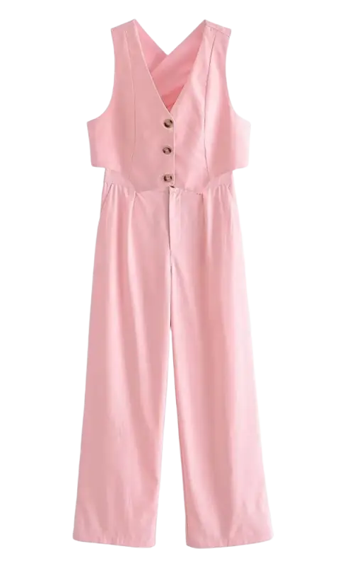 Pink elegant French style sleeveless V-neck polyester jumpsuit