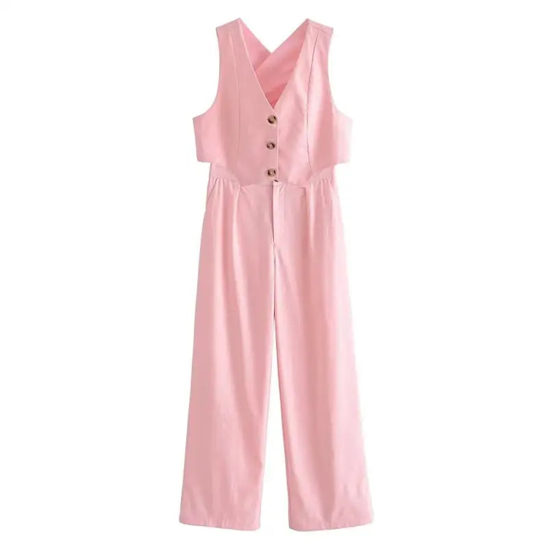 Pink sleeveless button-down jumpsuit in elegant French style fabric for sophisticated look