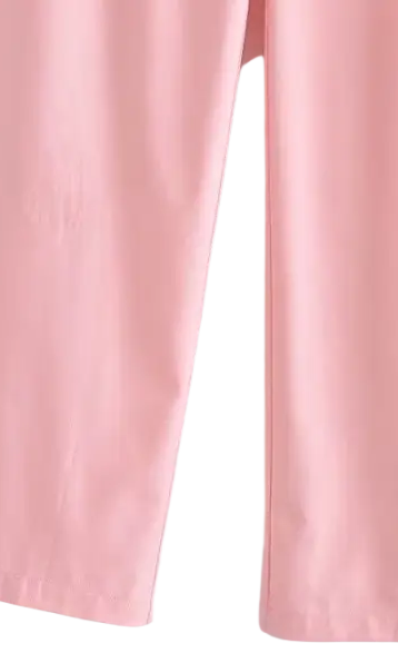 Elegant French style pink wide-leg pants displayed with a sleeveless V-neck polyester outfit