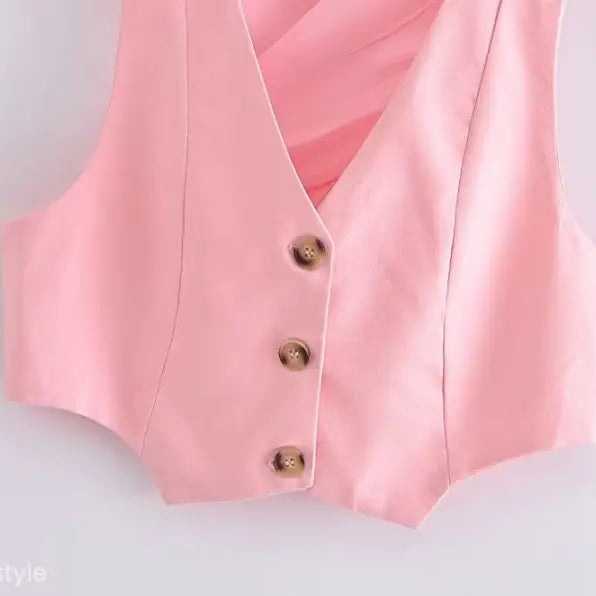 Pink buttoned vest in elegant French style sleeveless V-Neck polyester fashion