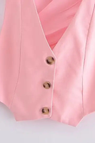 Pink buttoned vest in elegant French style sleeveless V-Neck polyester fashion
