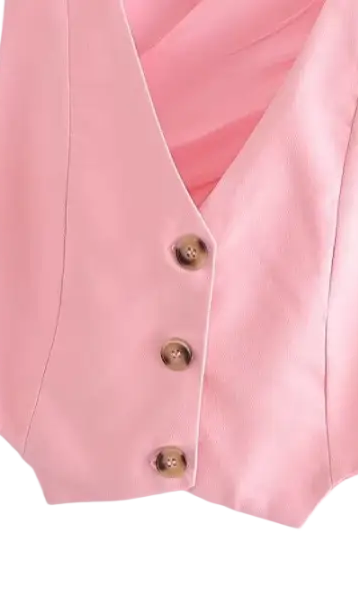 Elegant French style pink buttoned vest in sleeveless V-neck polyester