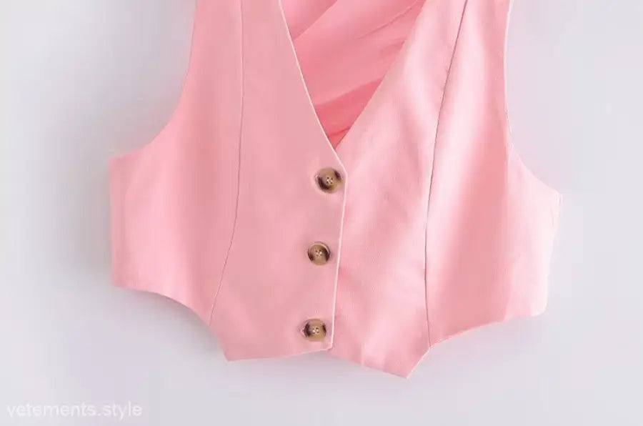Pink buttoned vest in elegant French style sleeveless V-Neck polyester fashion