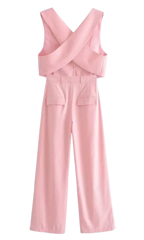 Pink elegant French style sleeveless V-neck polyester jumpsuit
