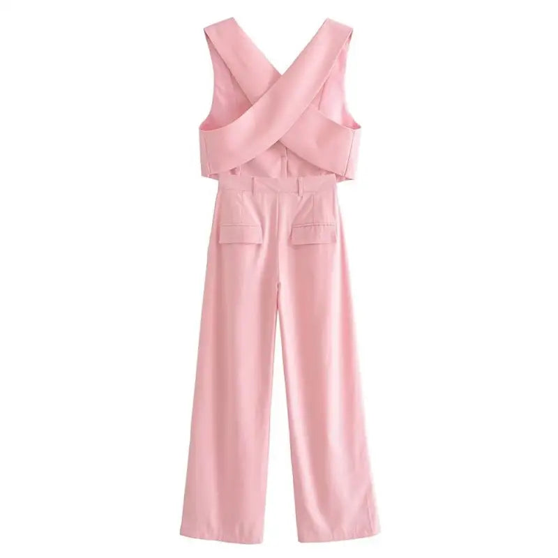 Pink sleeveless jumpsuit in elegant French style with V-neck design made of polyester