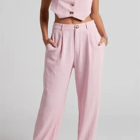 Elegant French style pink vest and wide-leg pants set in polyester for sophisticated fashion