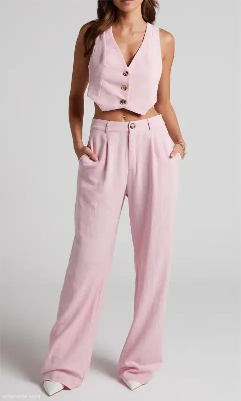 Elegant French style pink vest and wide-leg pants set in polyester for sophisticated fashion