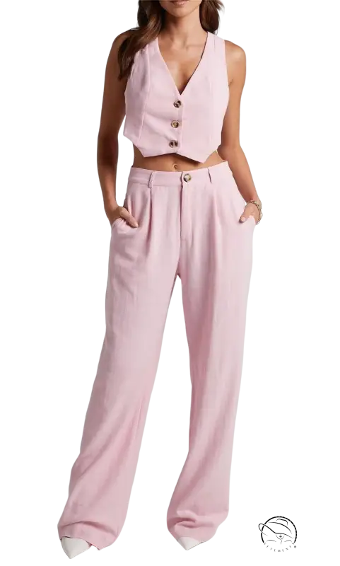Elegant French style pink vest and wide-leg pants set