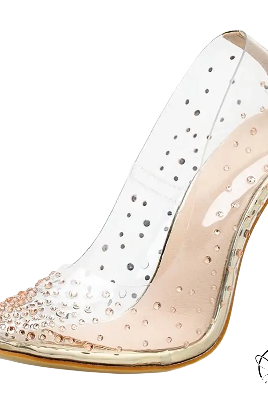 Clear golden rhinestone high heels with sparkling transparent pumps for weddings