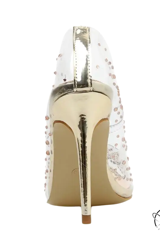 Elegant golden rhinestone high heels with transparent pumps and silver accents