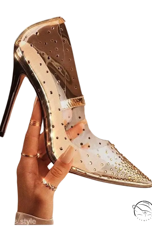 Elegant golden rhinestone high heels with clear transparent pointed toe