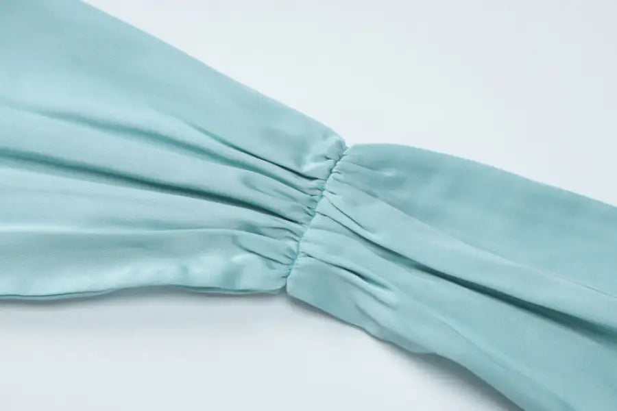 Mint green satin halter backless dress with gathered elastic ruching detail