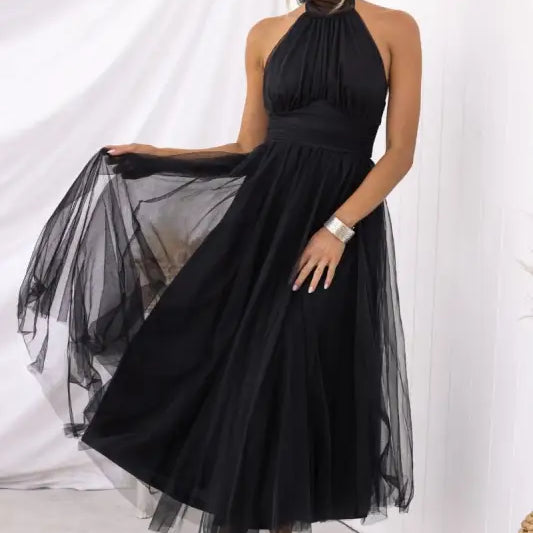 Elegant halter evening dress in black tulle with lace for summer occasions
