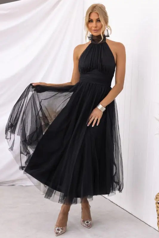 Elegant halter evening dress in black tulle with lace for summer occasions