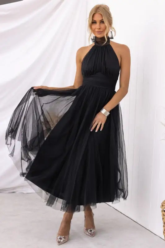 Elegant halter evening dress in black tulle with lace for summer occasions