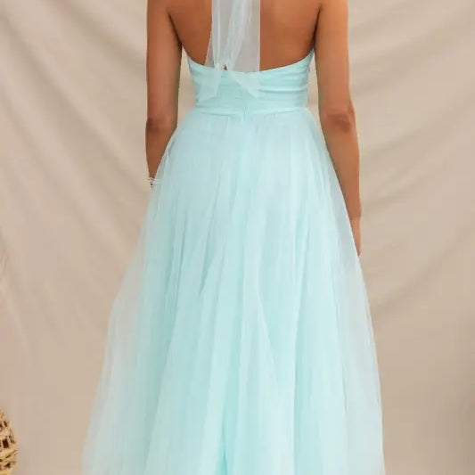 Elegant halter evening dress in mint green mesh and lace for summer occasions