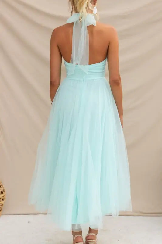 Elegant halter evening dress in mint green mesh and lace for summer occasions