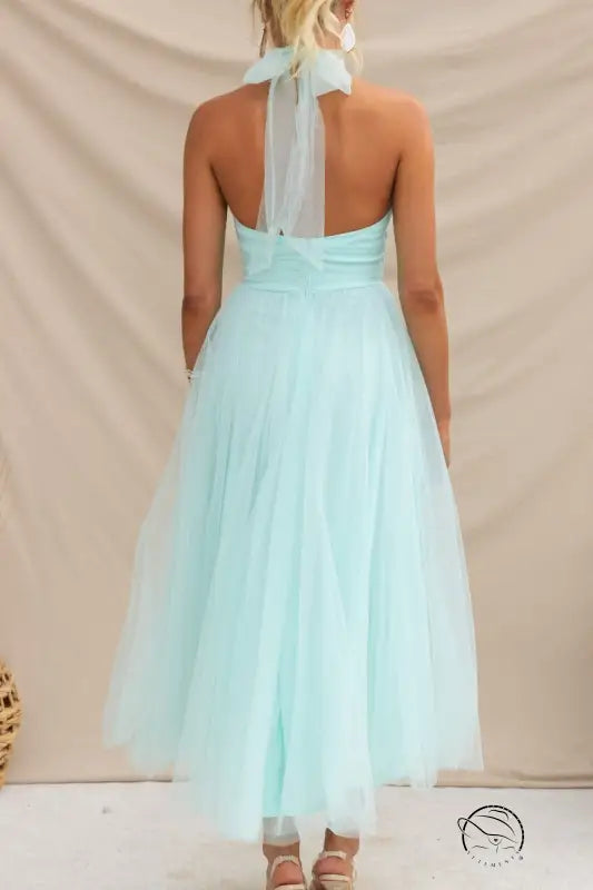 Elegant mint green halter evening dress in mesh and lace