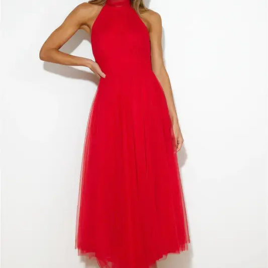 Red halter neck midi dress showcasing an elegant halter evening dress for summer occasions