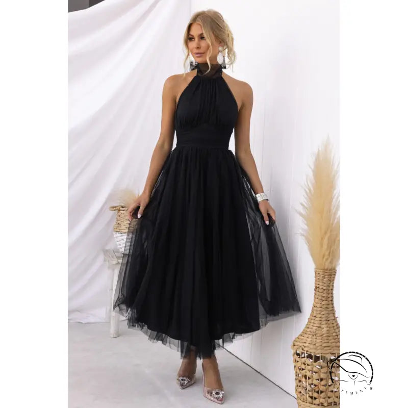 Elegant halter evening dress in black tulle for summer occasions