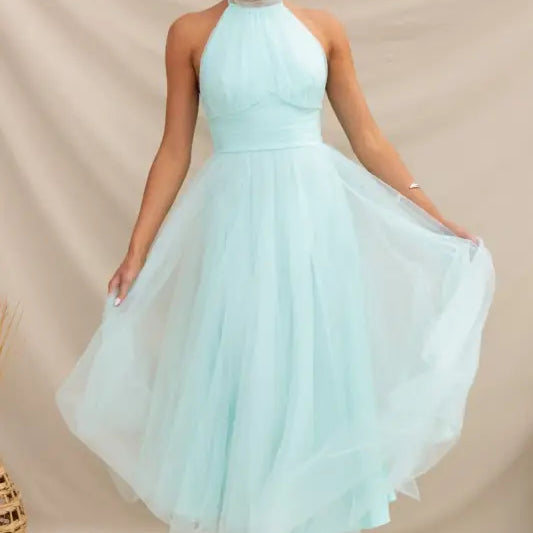 Light blue halter neck tulle dress, perfect for elegant halter evening occasions