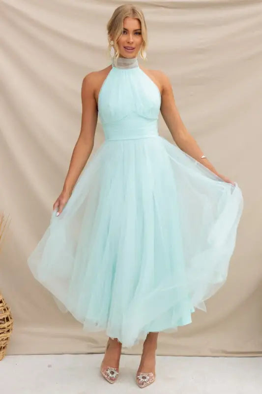 Light blue halter neck tulle dress, perfect for elegant halter evening occasions