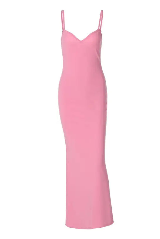 Pink sleeveless floor-length dress featuring an elegant halter high waist design