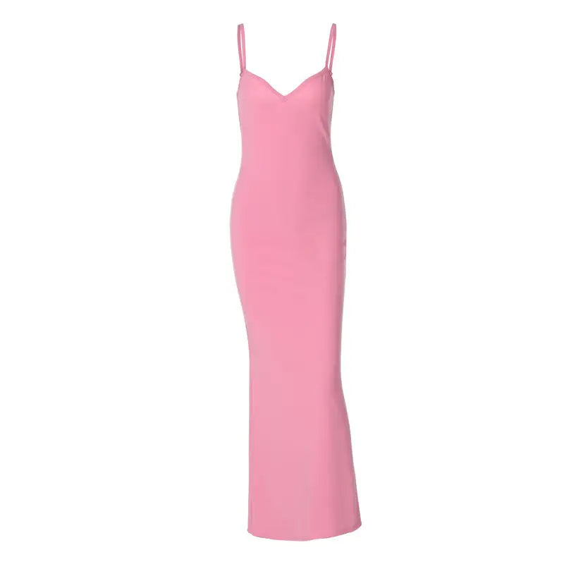 Pink sleeveless floor-length dress featuring an elegant halter high waist design