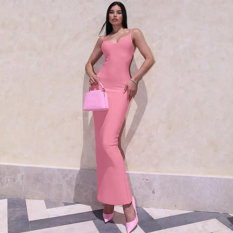 Pink fitted maxi dress showcasing an elegant halter high waist slim dress style