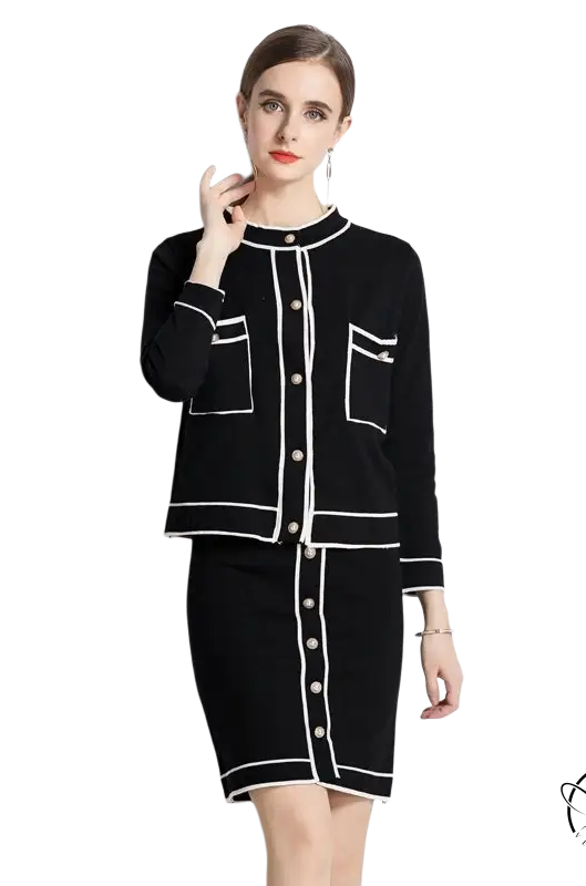 Elegant high rise long sleeve black and white knit cardigan skirt set