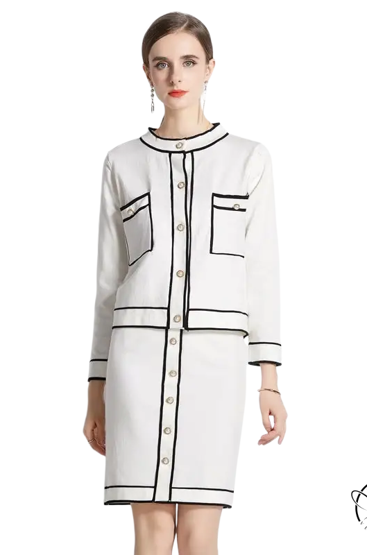 Elegant high rise long sleeve top with white knee-length skirt, black trim and buttons