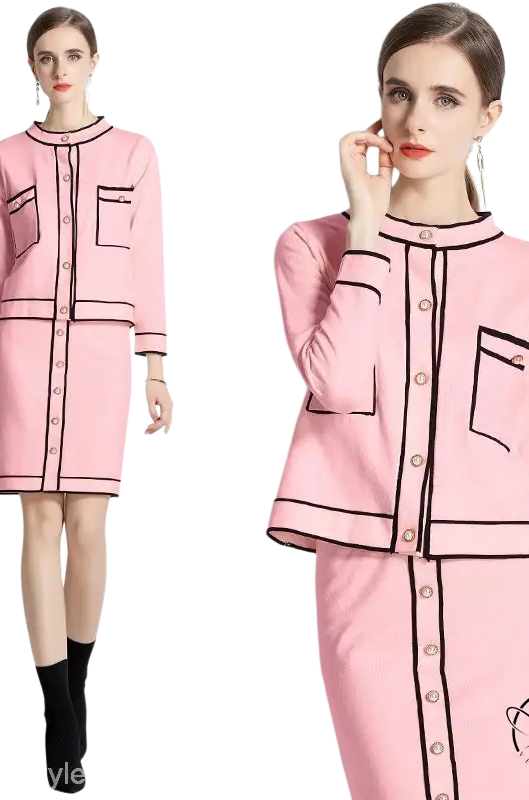 Elegant high rise pink knit dress with black trim and buttons
