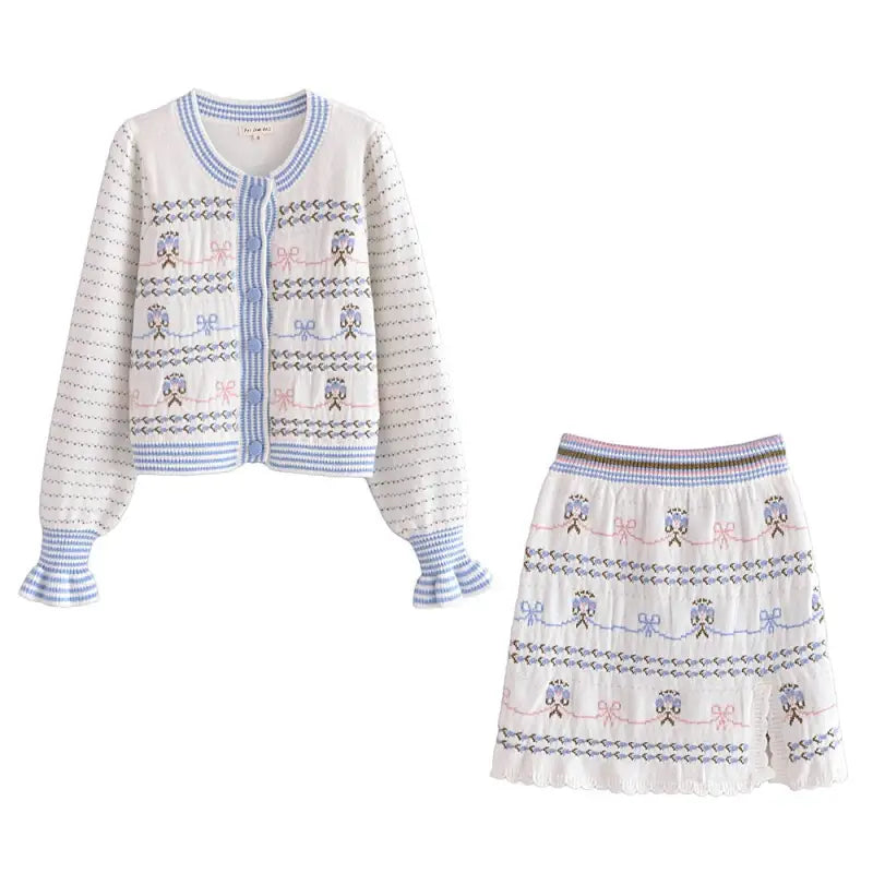 White knitted high waist split skirt with embroidered details and corrugated line cardigan coat