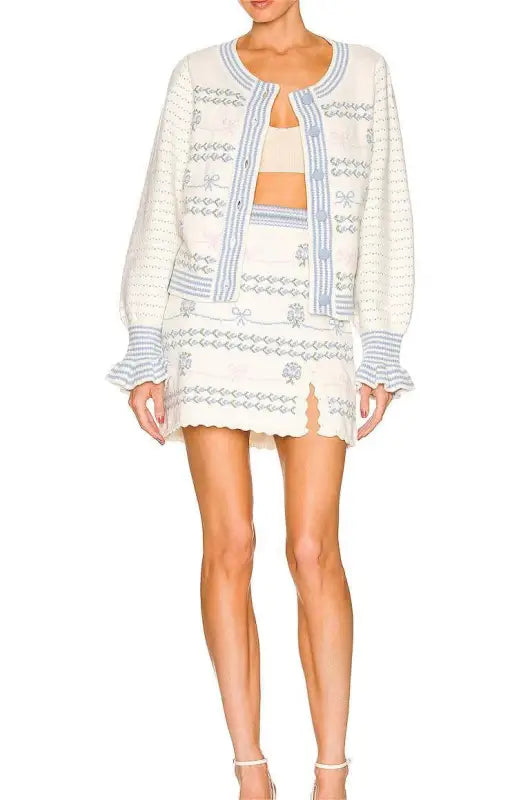 White and blue embroidered line cardigan coat with high waist knit split skirt set