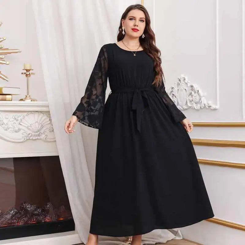 Elegant high waist long dress with sheer embroidered bell sleeves and a tie waist