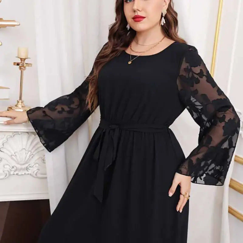 Elegant high waist long sleeve maxi dress with sheer floral bell sleeves and tie waist