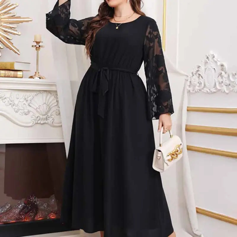 Elegant high waist long sleeve maxi dress with lace sleeves and tie waist detail