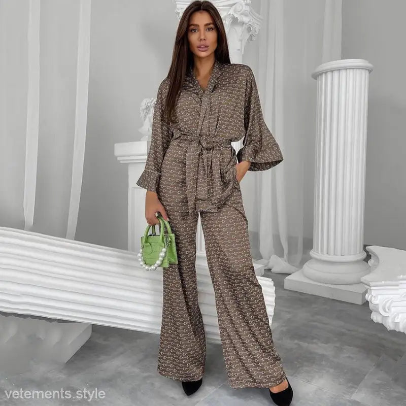 Patterned brown ice silk pajama set with belt, sleeve, and full-length trousers