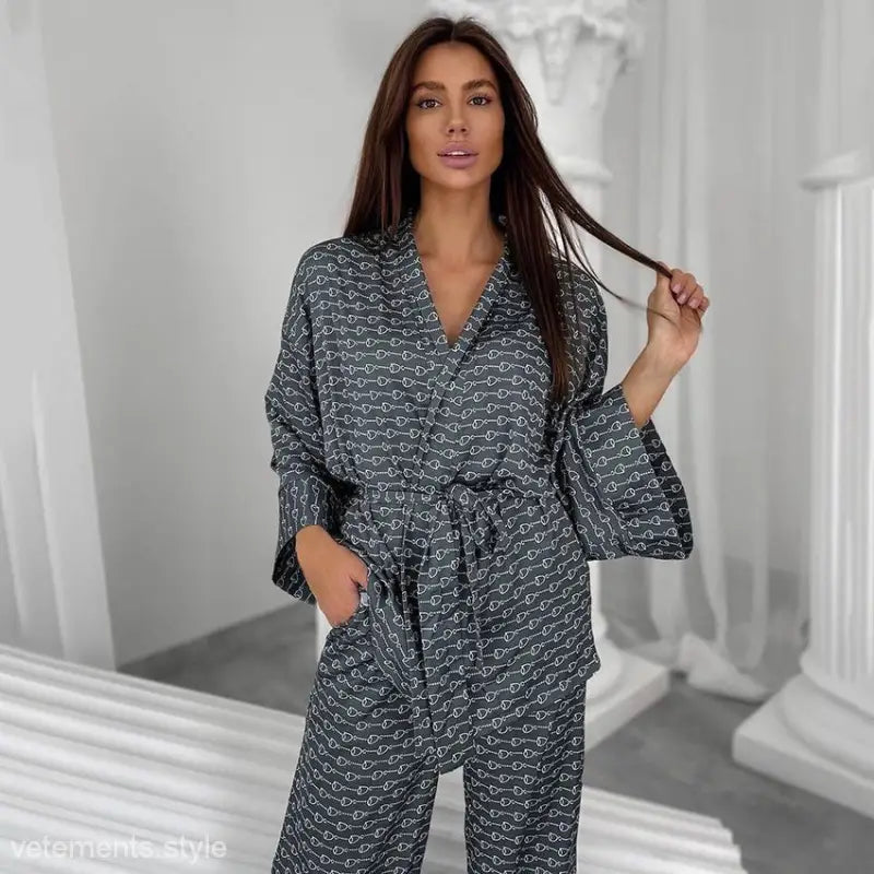 Patterned ice silk pajama set with belted sleeves and full-length trousers for comfortable sleep