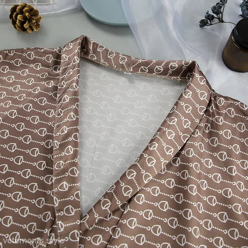 Brown patterned ice silk pajama robe with belt, matching nightgown pajama pants