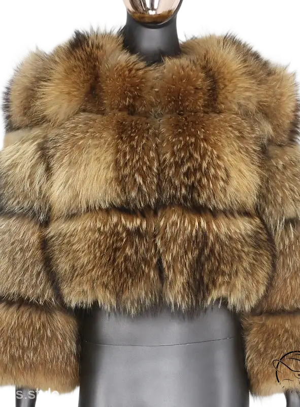 Elegant imitation raccoon fur coat with brown fox fur jacket and fluffy collar