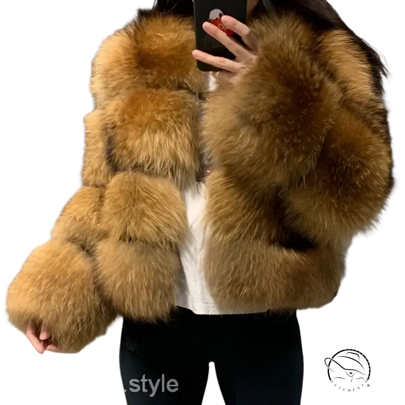 Elegant imitation raccoon fur coat in plush golden-brown tones